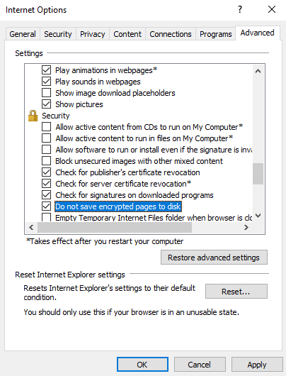 do not save encrypted pages to disk registry